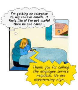 Illustration of blonde woman sitting up in her bed holdingher mobile phone, thinking 'I'm getting no response to my calls or emails. It feels like if I'm not useful then no one cares...'