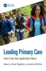 Book cover with white background and image of men and women hiking through the woods.