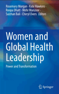 Blue book cover with blurred swirls of red, yellow and blue across the top third. 'Women and Global Health Leadership' written in white text.