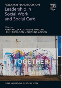 Book cover with black background with a photo in the borrom half showing colourful paint splatter graffiti on a concrete wall. 'Research handbook on Leadership in Social Work and Social Care' in white and mauve text at the top.