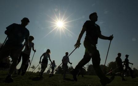 Delegates taking part in workshops at the INWA (International Nordic Walking Federation) Convention organised by British Nordic Walking in London's Hyde Park.