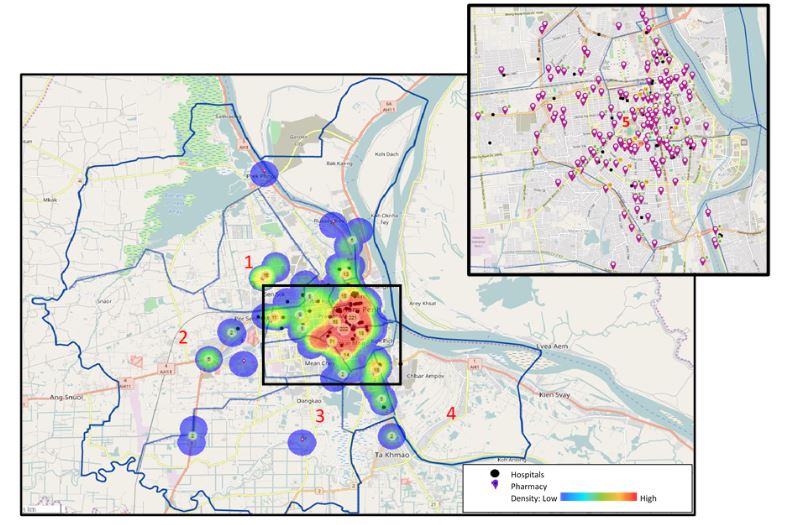 A map of registered pharmacies across the 12 districts of Phnom Penh, Cambodia