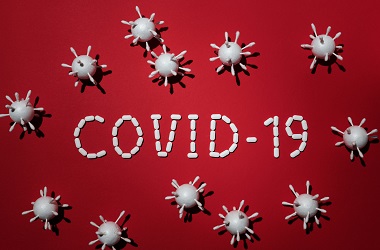 A red background with 'Covid-19' listed in white text. The Text is then surrounded by white Coronavirus cells.