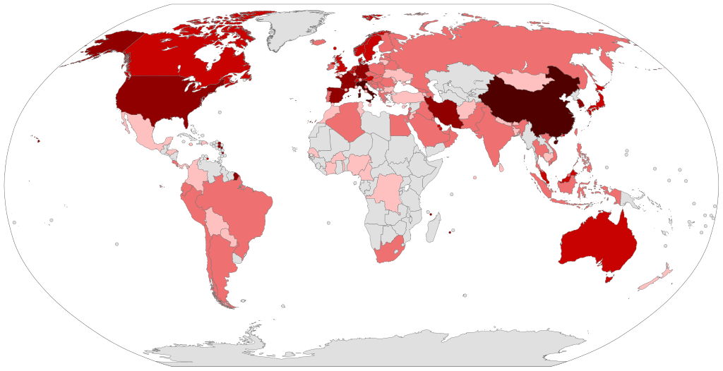 Map of the COVID-19 outbreak as of 11 March 2020.