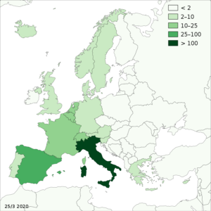 Muertes debidas a COVID-19 en la Unión Europea por Natural Earth: Tom Patterson, Nathaniel Vaughn Kelso y otros contribuyentes