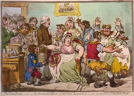 Cross-species concerns are not new. The 19th-century cartoon by James Gillray, 1802, shows people worrying about getting horns and tails after smallpock vaccinations that contained substances from cows.