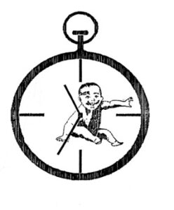 The cover of The Right Time depicted a baby inside a clock. The Right Time: A Study of Women Expecting Their First Child after the Age of Thirty, Society for Research on Women in New Zealand Wellington Branch, 1984.