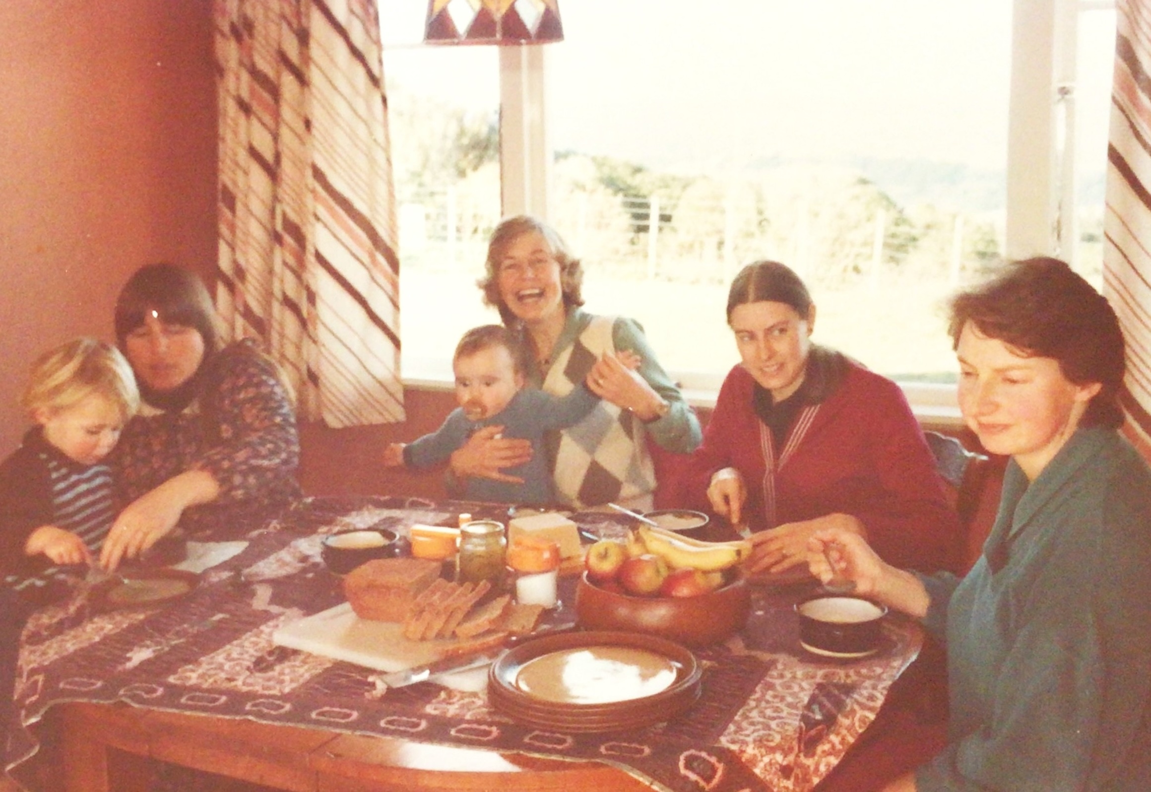 Members of the grassroots study group having a working lunch around 1981. From left: Lorraine Chambers with her daughter Sarah, Ann Barrie holding Jamie Milne, Elaine Prakash, Kay Switzer. Stella Milne was behind the camera.