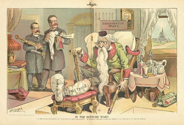 Fig. 1. In the Hopeless Ward, a satirical print from Judge (1905), showing how the Republicans intend to euthanize the aged Democratic Party per “Dr. Osler” (Yale University Library).