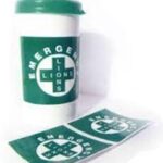 Travel coffee cup with first aid branding