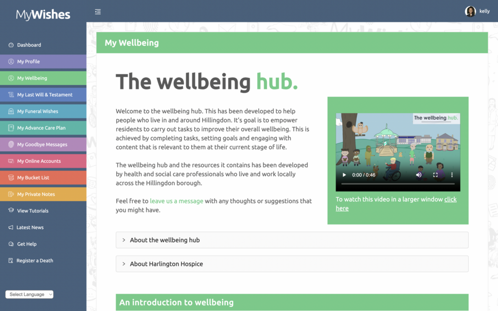 Screenshot of MyWishes Digital Wellbeing Hub homepage