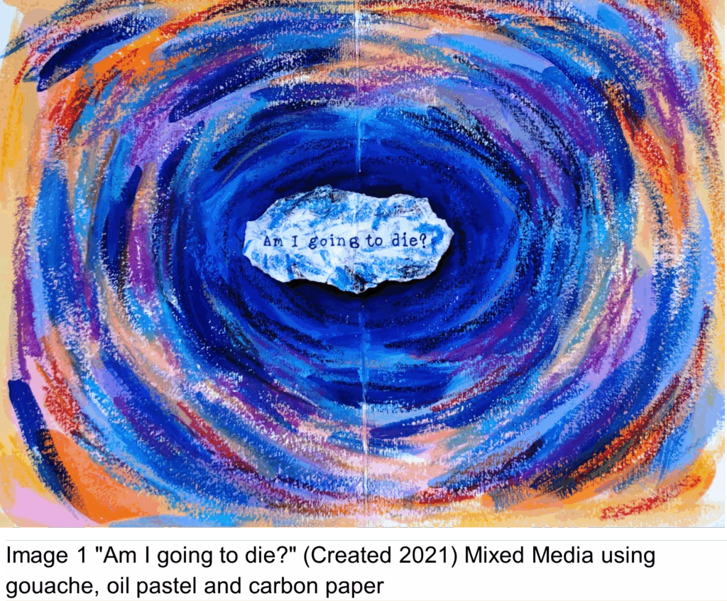 Artwork depicting a whirlpool with the words 'Am I going to die?' in the centre